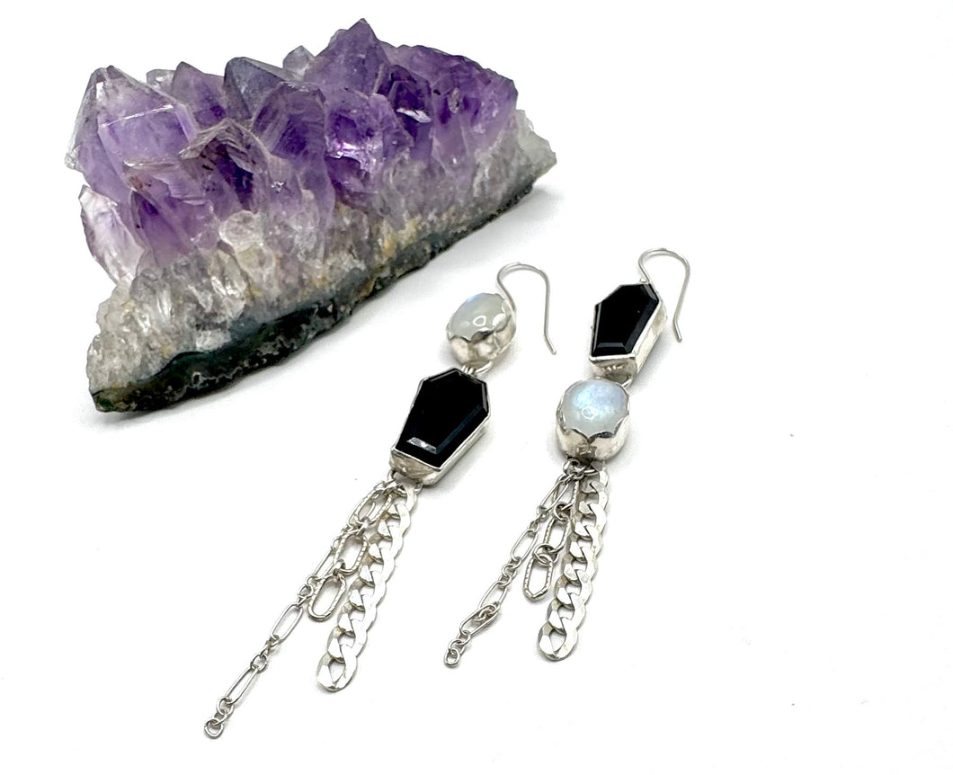 Black Onyx Coffin Moonstone Earrings