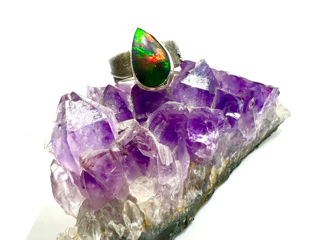 Black Opal Spider Web Ring